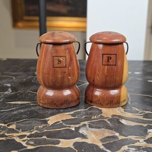 Vintage Wooden Salt & Pepper Shakers Caseville Michigan Souvenir Rustic Milk Can